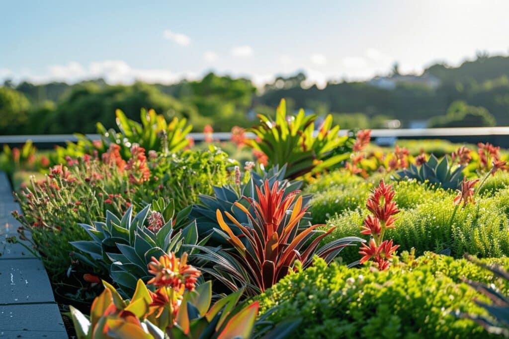 Toit végétalisé avec plantes et fleurs luxuriantes