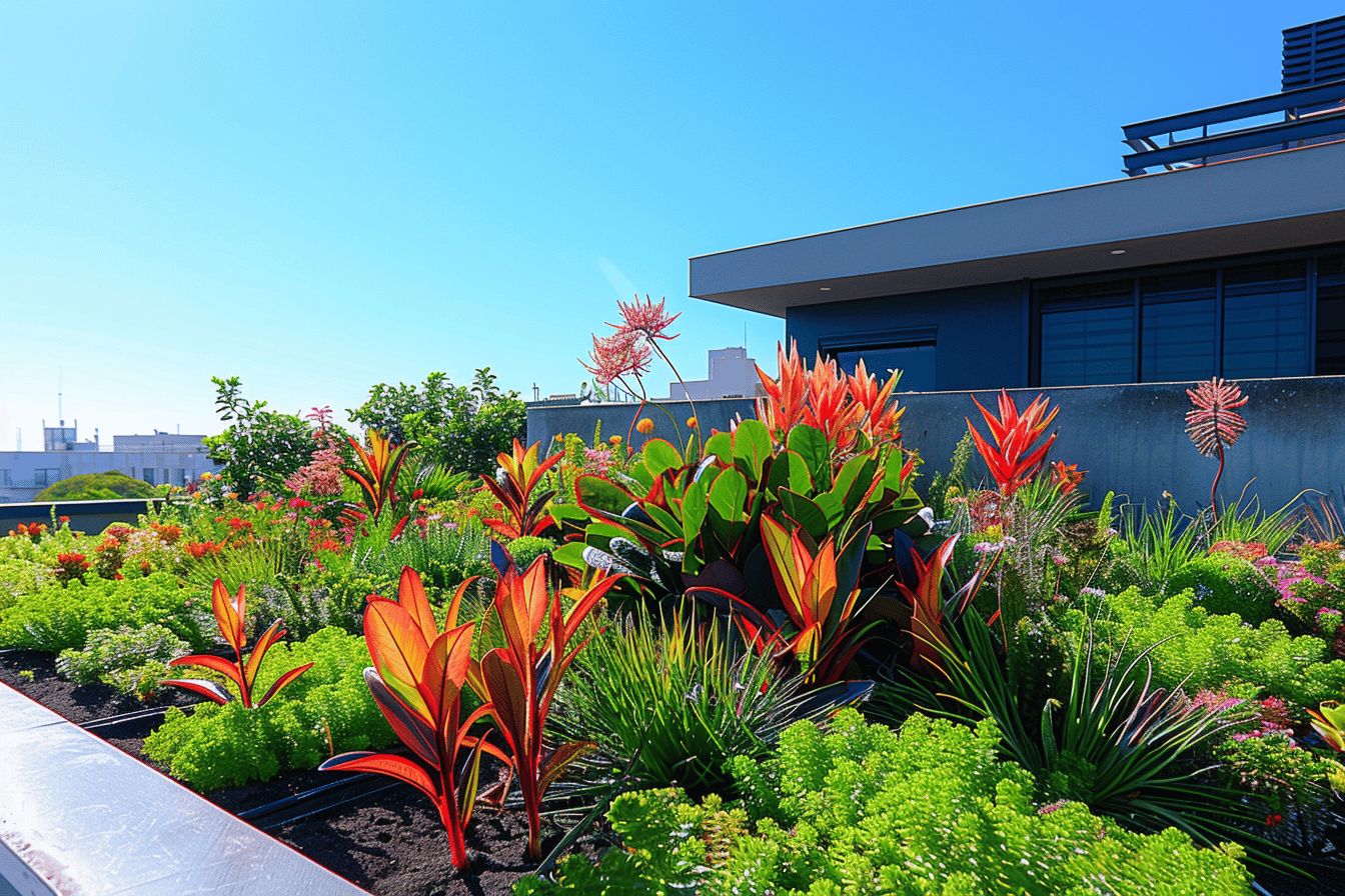 Toit végétalisé avec plantes et fleurs luxuriantes  
Espace vert sur toiture offrant biodiversité et esthétique